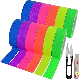 12 Pack UV Blacklight Reactive 6 Color Fluorescent Tape Fluorescent Cloth Tape Colorful Neon Gaffer Tape Neon Reflective Tape Neon Adhesive Tape Glow in the Dark Tape, 0.59"x16.4ft each Roll