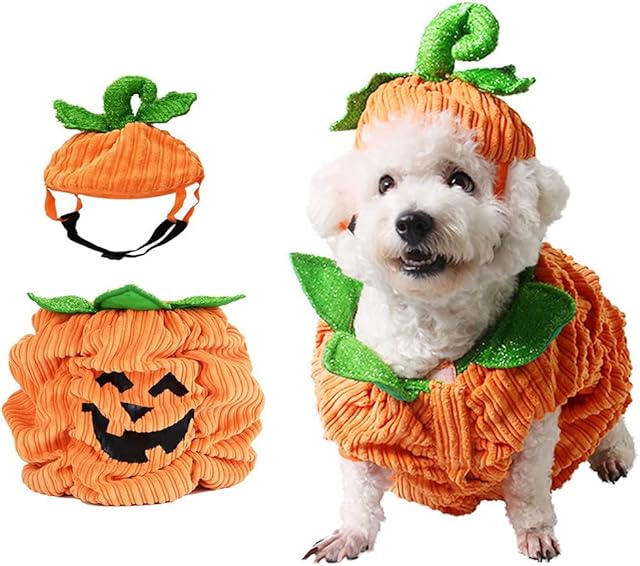 Halloween Pumpkin Dog Costume, Dog Cat Halloween Warm Costume Outfit Halloween Pet Cosplay Clothes with Pumpkin Hat for Small Medium Dogs Cats ("M" Size)