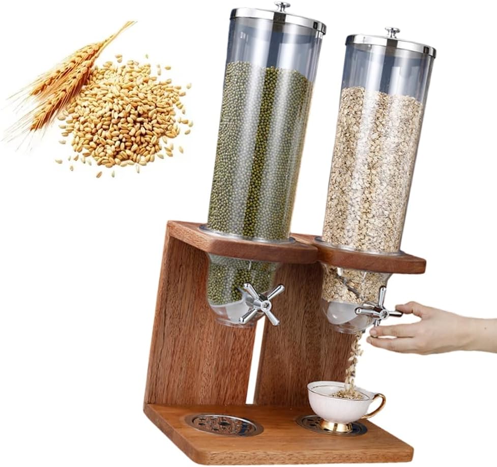 Countertop Cereal Dispenser, Airtight Kitchen Storage with Wood Base, Sealed Large Capacity Candy Dispenser for Home Office Hotel Commercial Bar,7.5L