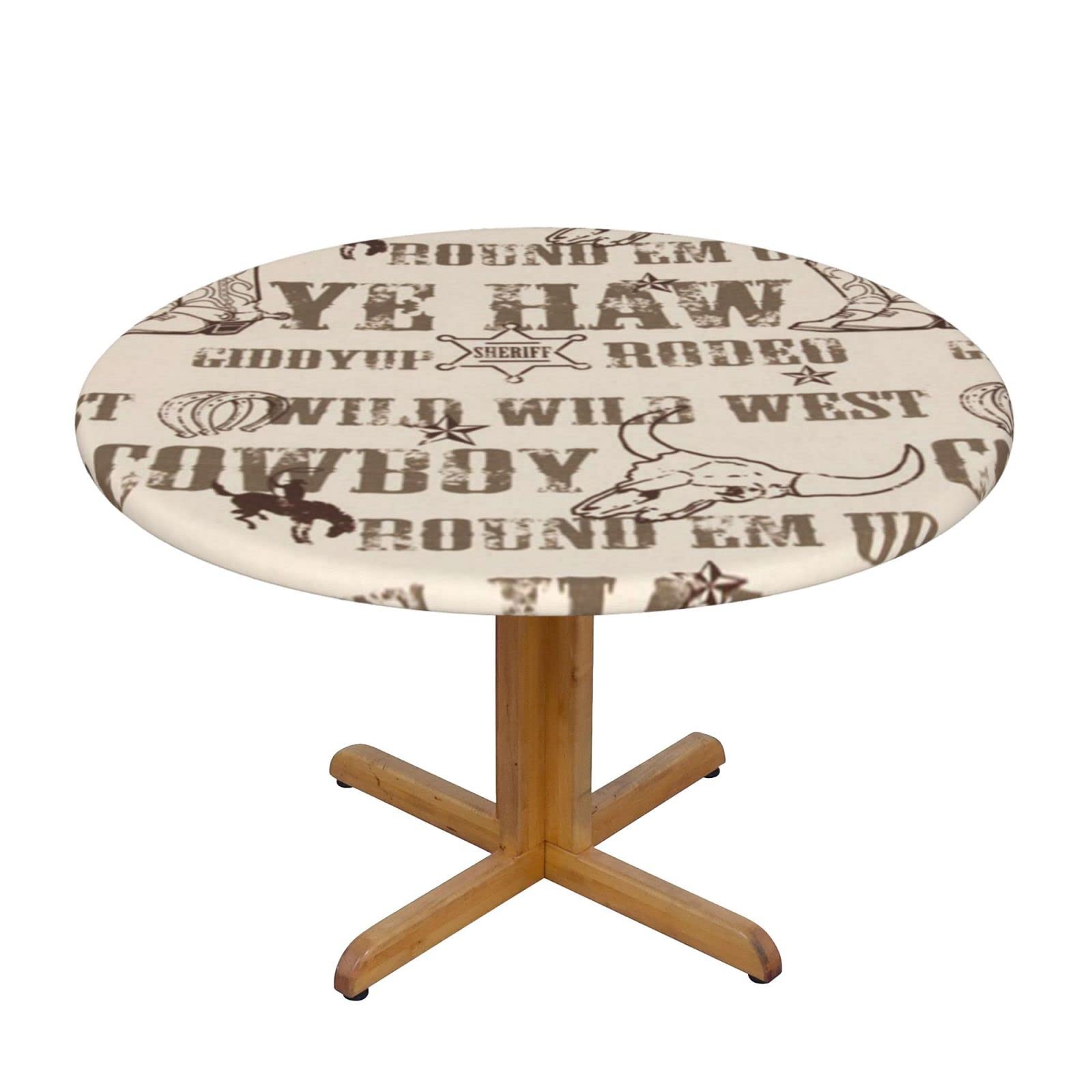Lsjuee Round Fitted Tablecloth 40-44in Elastic Edged Table Cloth for Kitchen Dining Party Home Decor - Cowboy Bull Skull Beige