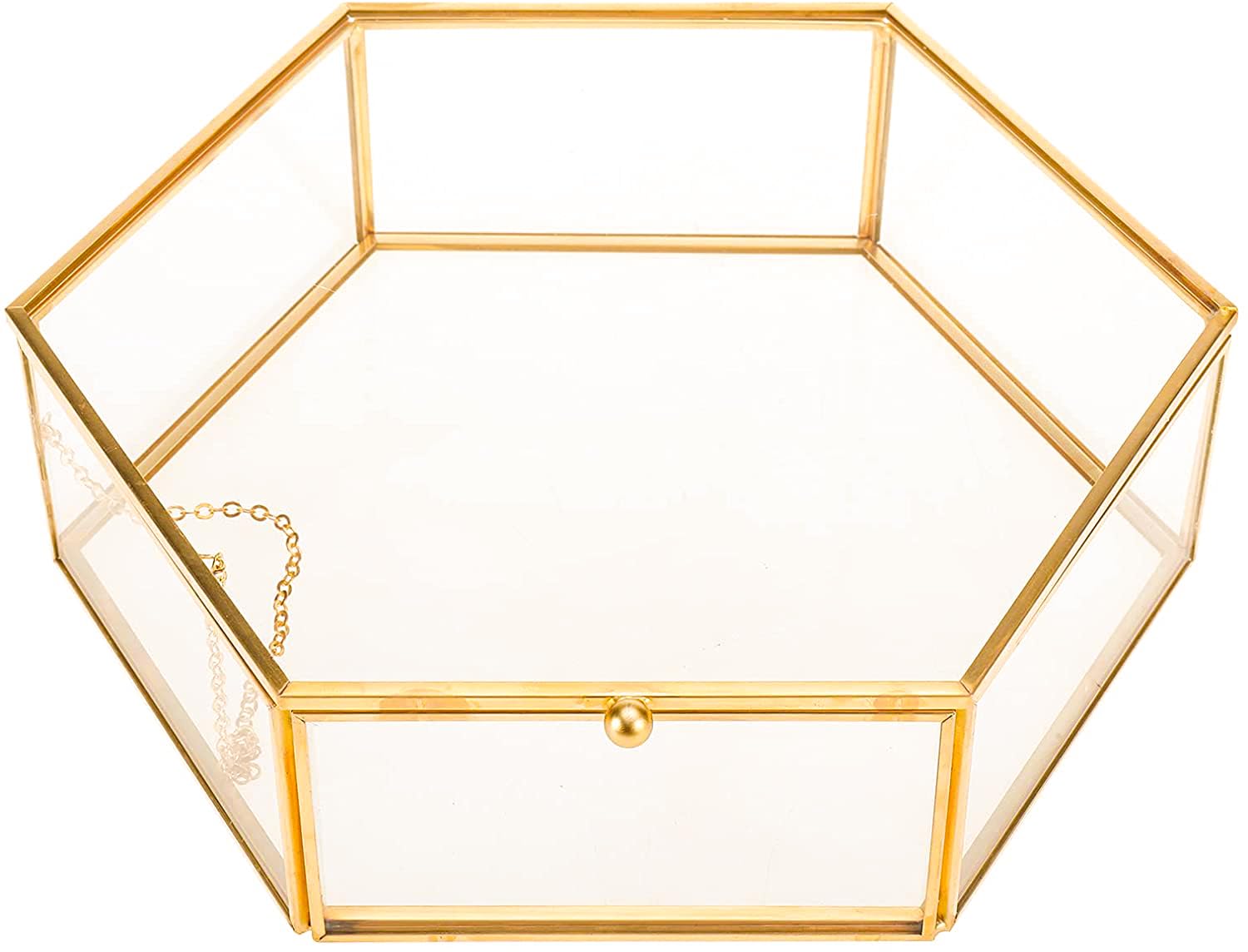 HighFree Glass Vintage Jewelry Display Box, Hexagon Golden Elegant Display Jewelry Organizer, Dustproof Keepsake Case Bracelet Ring Box for Storage Trinket, Ring, Earring (Large - 8.7x7.5x2.4inch)