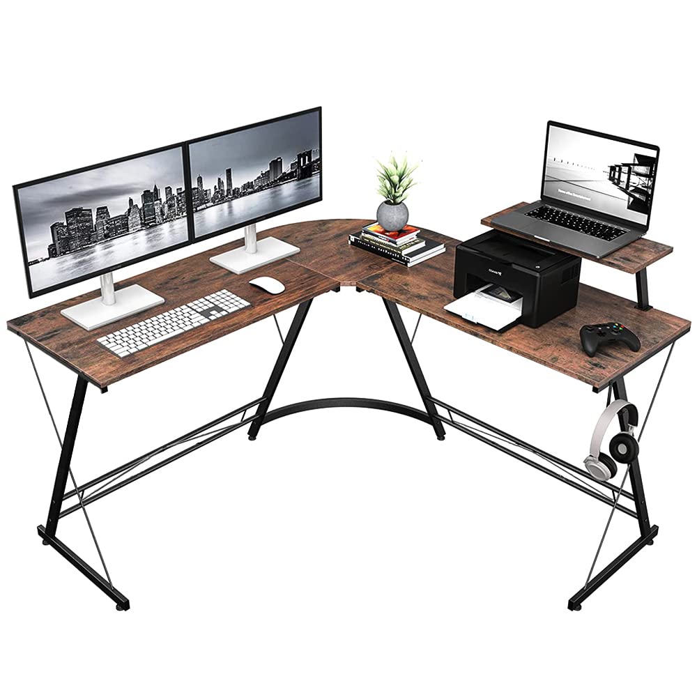 NeoStyle Computer Desk,L-Shaped Gaming Desk,Computer Corner Desk with Monitor Stands,Home Office Study Writing Desk Workstation(Rustic Brown,129 * 46 * 90)