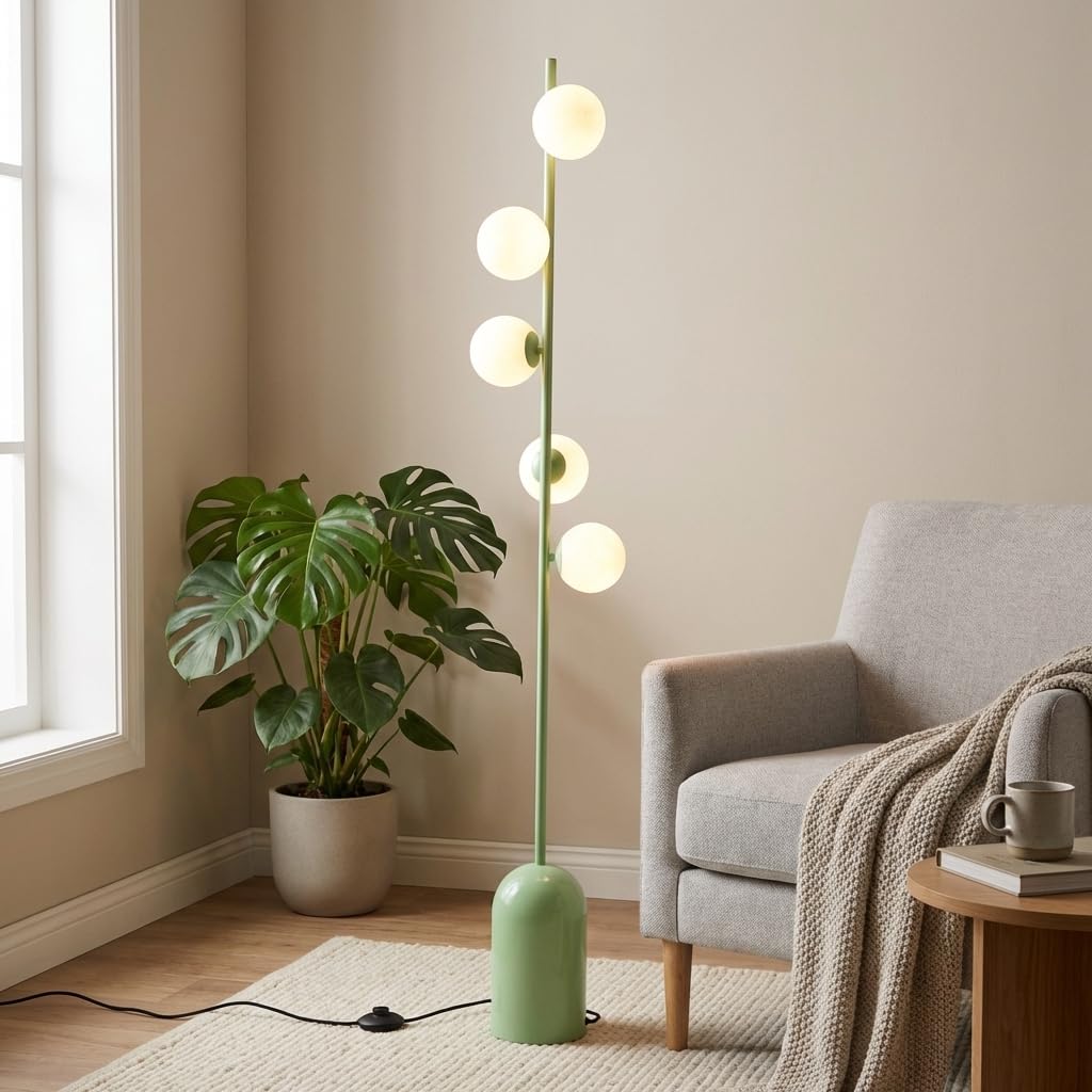 Alpinaluz Lampada da Terra Verde Moderna con 5 Sfere Luna 3D in ABS Stampate, Base in Ferro Robusta, 5 Portalampada G9 per Illuminazione Soffusa e Design Nordico Elegante per Soggiorno e Camera da