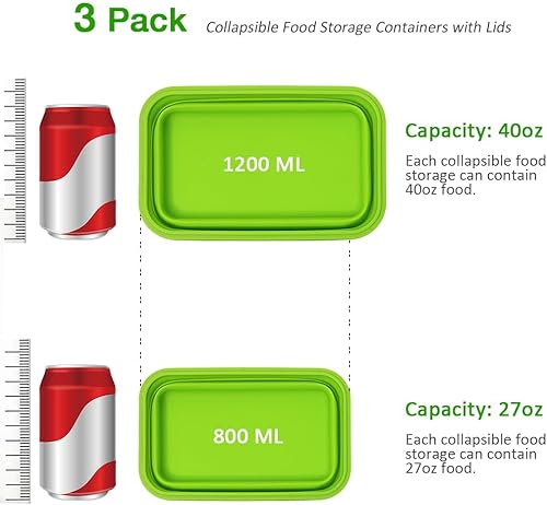 Miniatura 4 de Alimat PluS 3 recipientes plegables de almacenamiento de alimentos con tapas, recipientes de silicona de 40.5 onzas  40.6 fl oz, almacenamiento de