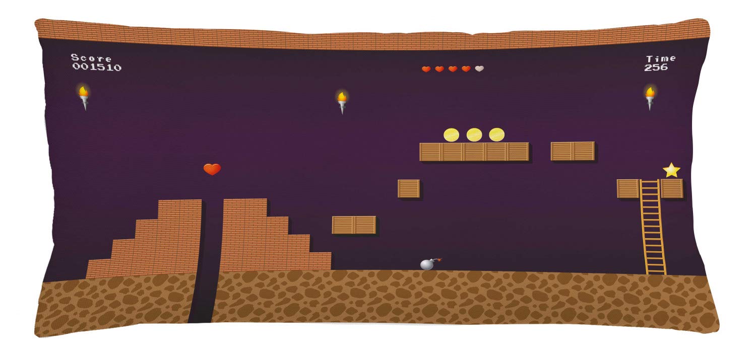 Lunarable Cartoon Throw Pillow Cushion Cover, Retro Video Game Screen Coins Hearts and Level Score, Decorative Rectangle Accent Pillow Case, 36