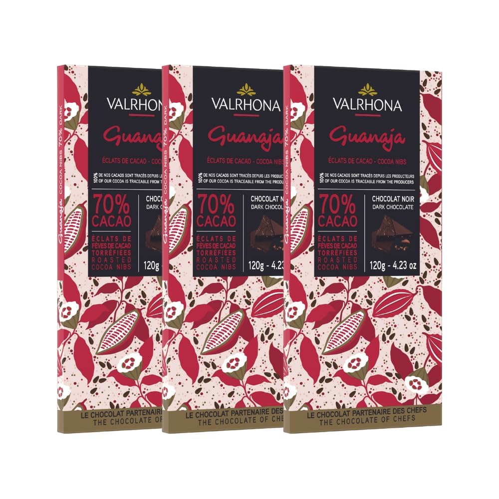Valrhona Premium Dark Chocolate GUANAJA 70% Cacao Tasting Bar - Single Origin Gourmet French Chocolate is Baking World Classic. Warm Hearty Notes Perfect for Brownies and Rich Cakes 70g (Pack of 3)