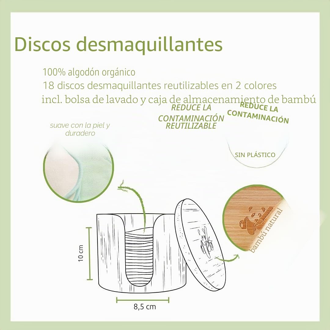 Almohadillas de algodón reutilizables y lavables hechas de algodón orgánico | almohadillas desmaquillantes ecológicas | 18 piezas incl. bolsa de lavado y caja de bambú