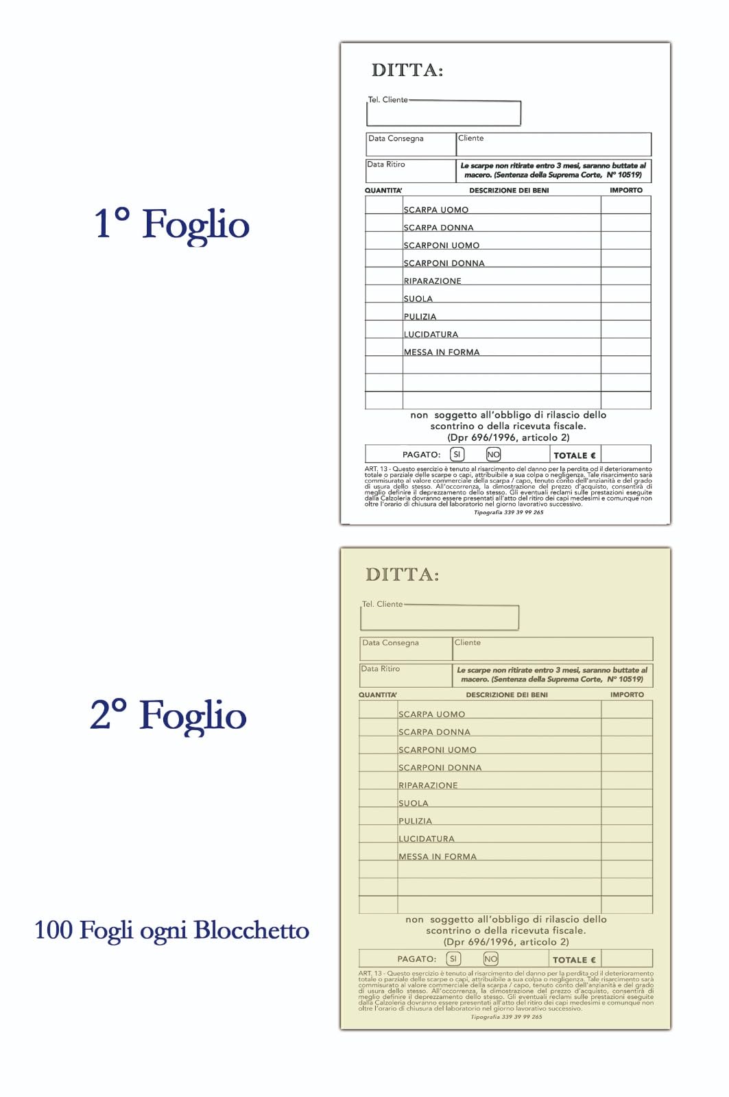 Blocchetti Ricevute Calzolaio in Duplice Copia Autocopianti, Riparazione, scarpe, Stivali, Borse, Cinture (Blocco, 20, Conteggio)