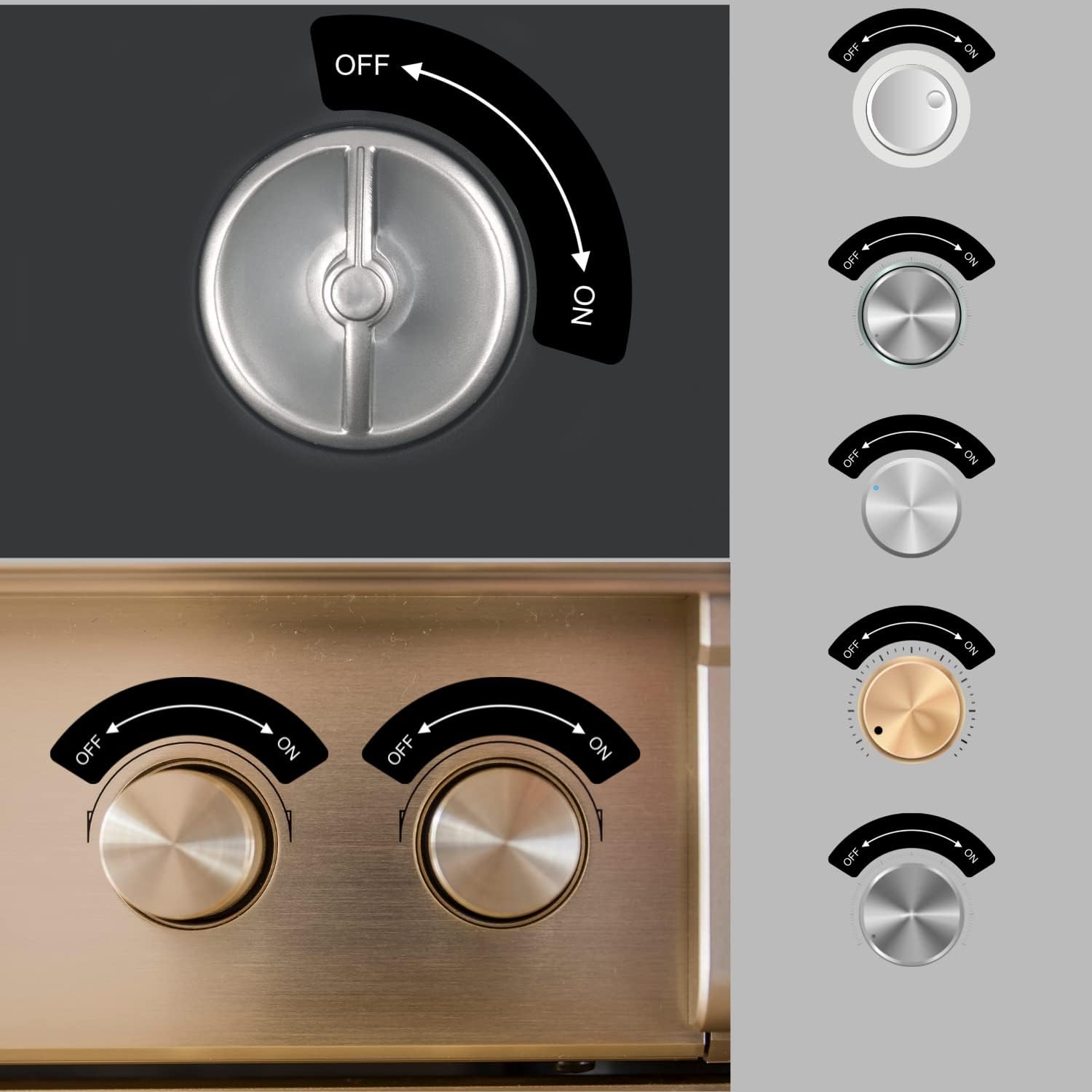 Examples of OFF ON stickers applied to various rotary knobs and switches