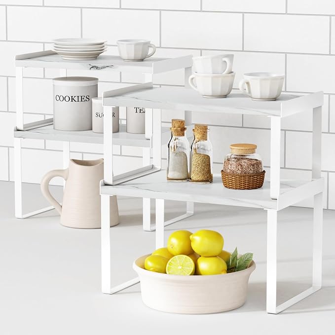 White Marble Kitchen Counter Shelf Organizer, Modern Dish Plate Organizer for Cabinet Space Saver, Small Wood Stackable 2 Tier Office Desktop Shelf Risers for Books Monitor - Set of 4
