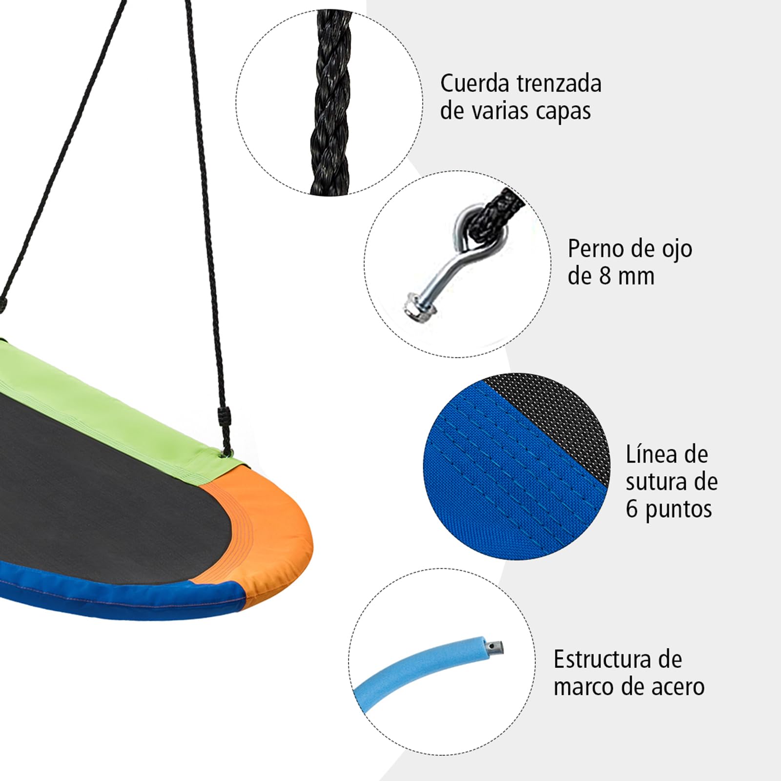 COSTWAY Columpio de Nido Columpio Colgante para Niño Cuerda Ajustable de 100-180 cm Carga hasta 150 kg para Jardín Interior Exterior (Multicolor)