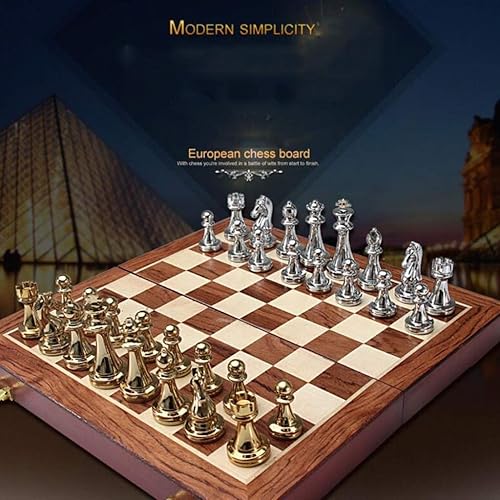 Miniatura 7 de ROLTIN Juego de ajedrez de regalo de metal brillante dorado y plateado Piezas de ajedrez de madera maciza Plegable Tablero de ajedrez profesional de