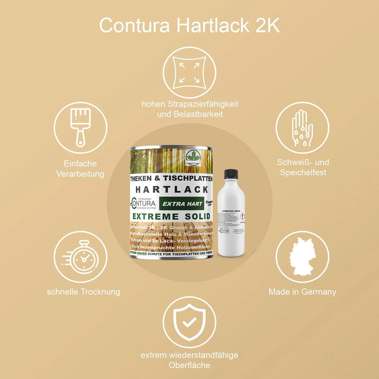 Contura Hartlack 2K Lack Thekenlack Seidenglänzend Tischplattenlack Theken Holzlack Klarlack Set mit Härter Contura Zweikomponenten Lack farblos (Transparent, 2,5 Liter)