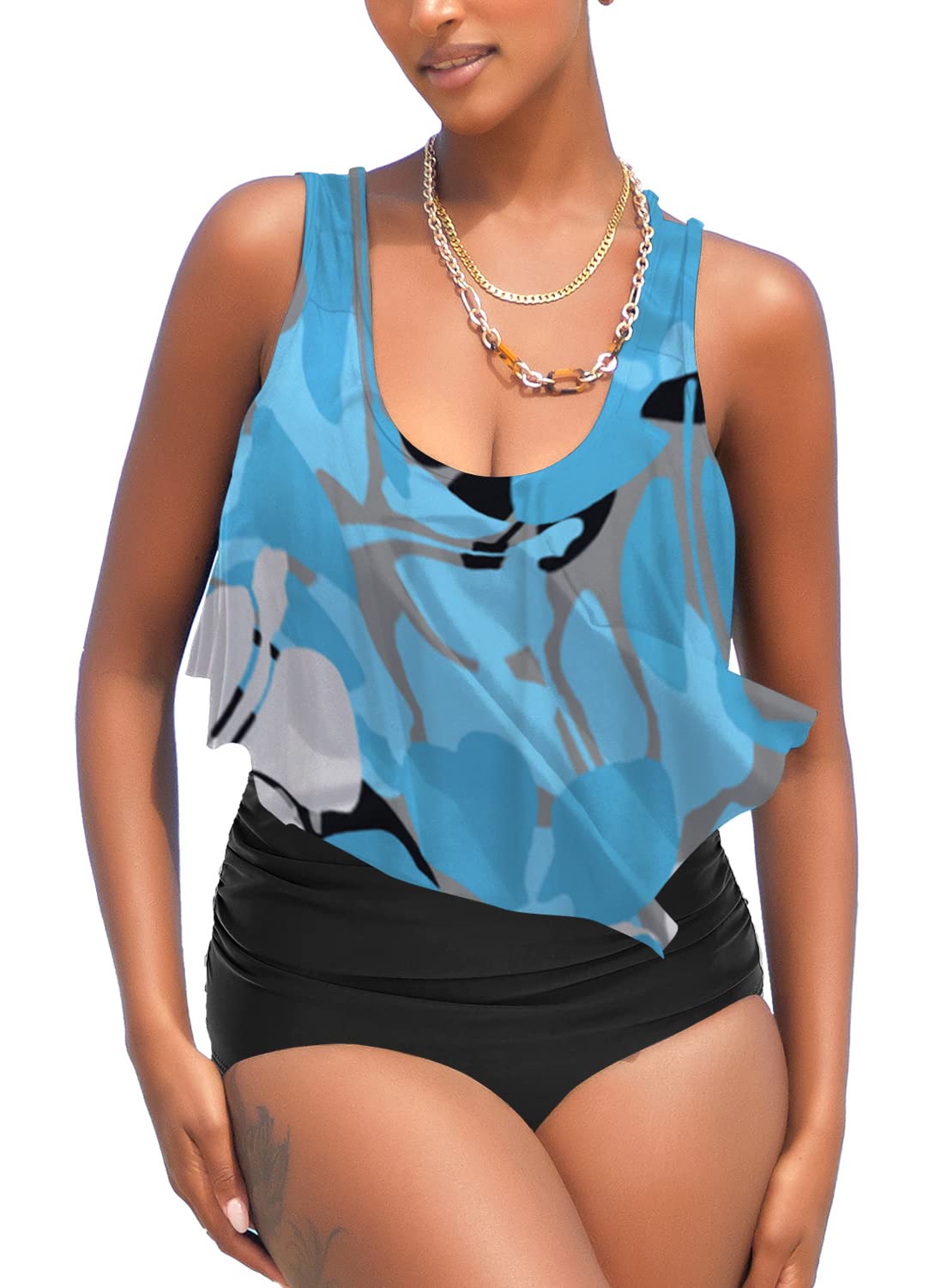 I2CRAZY Strappy Racerback Tankini Swimsuits Curvy Two Piece Bathing Suits for Women Retro Ruffled Bikini Swimwear