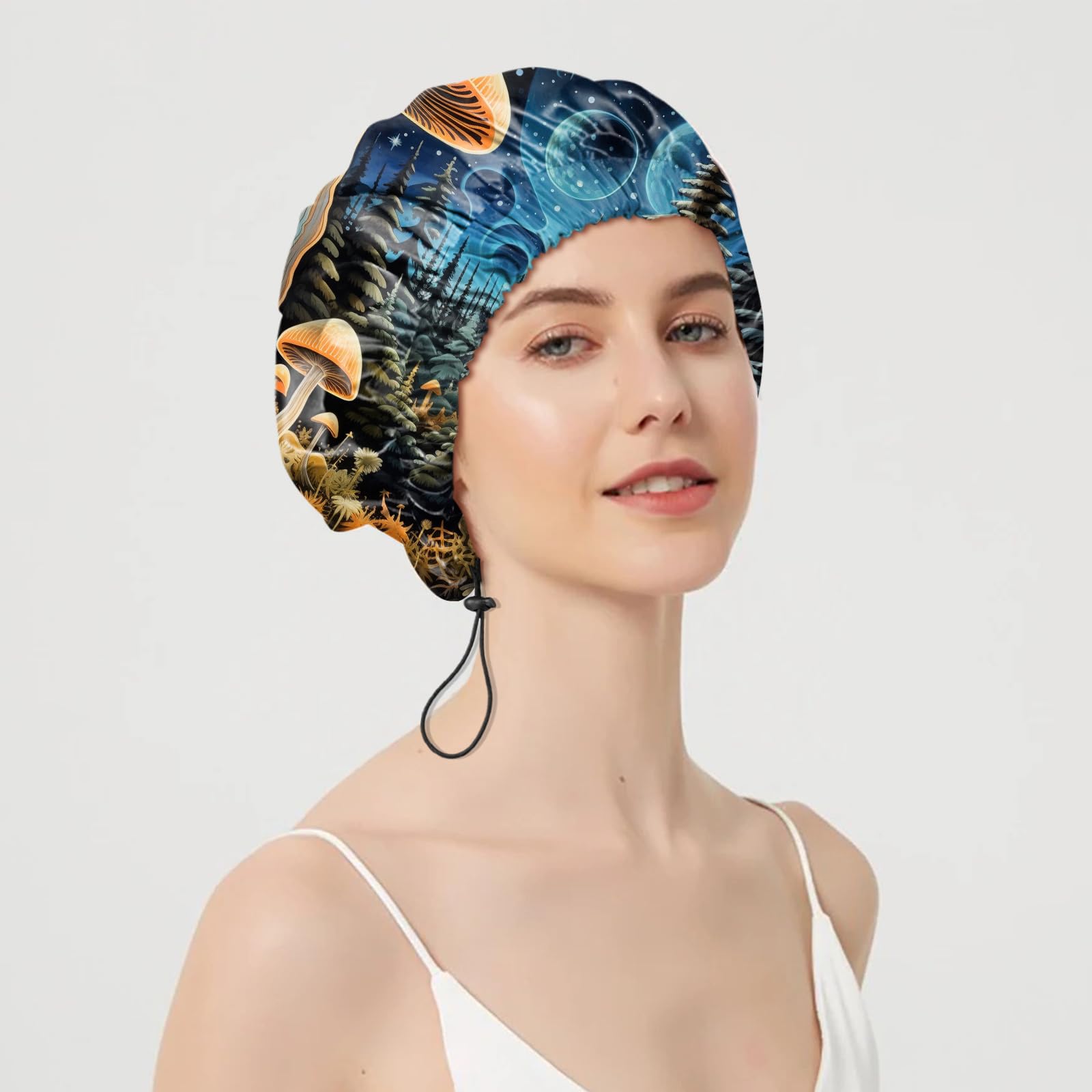 2 gorros de ducha ajustables, reutilizables, de doble capa impermeable, elásticos, para el cabello, bonitos gorros de baño estéticos para mujeres y niñas, hongos y gatos