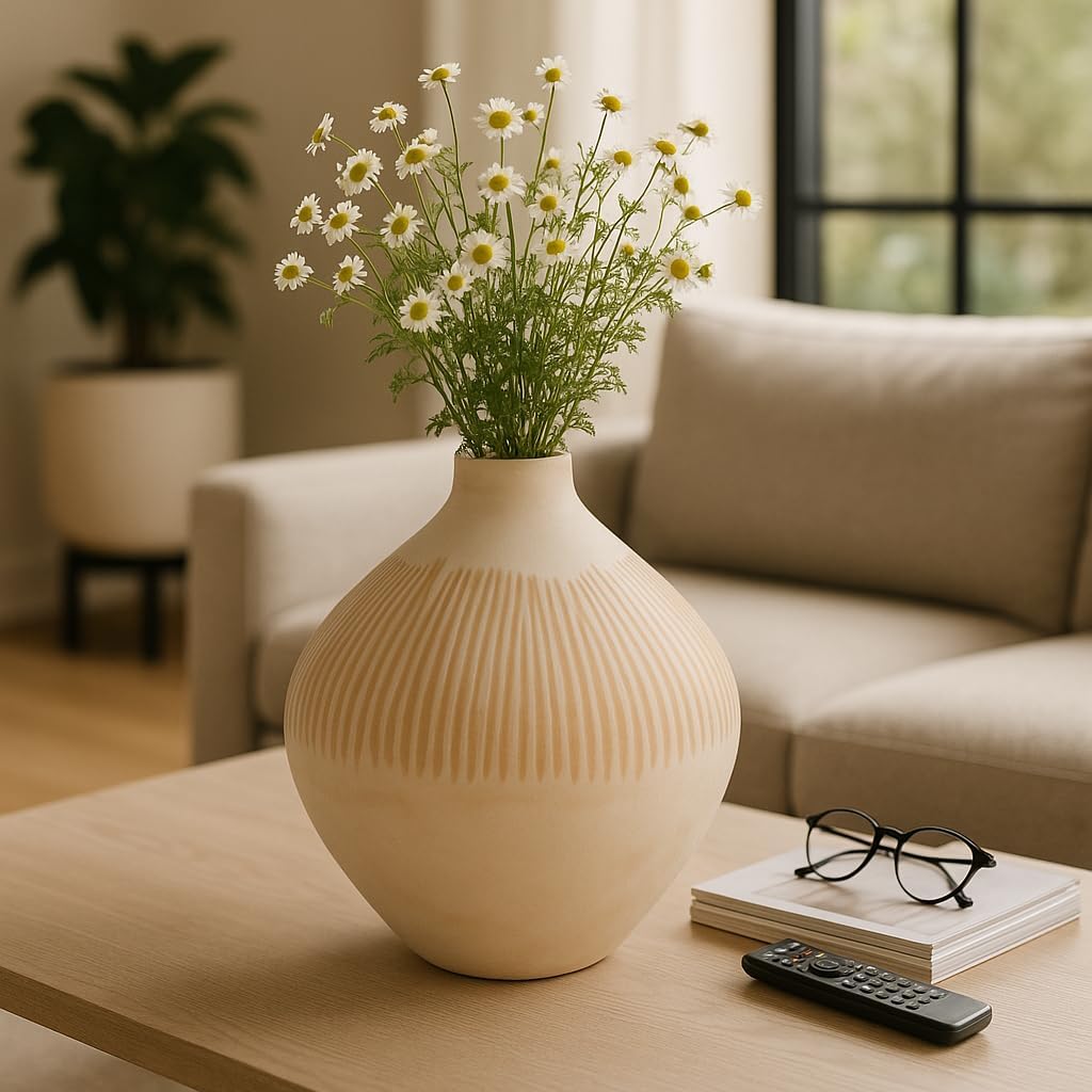 Decorative Rustic Inspired Glass Vase for Living Room Decor - Elegant Modern Flower Vase for House, Bedroom, and Office Decor - Cute House Accent for Mantel or Table Centerpiece - 14" Ivory & Tan