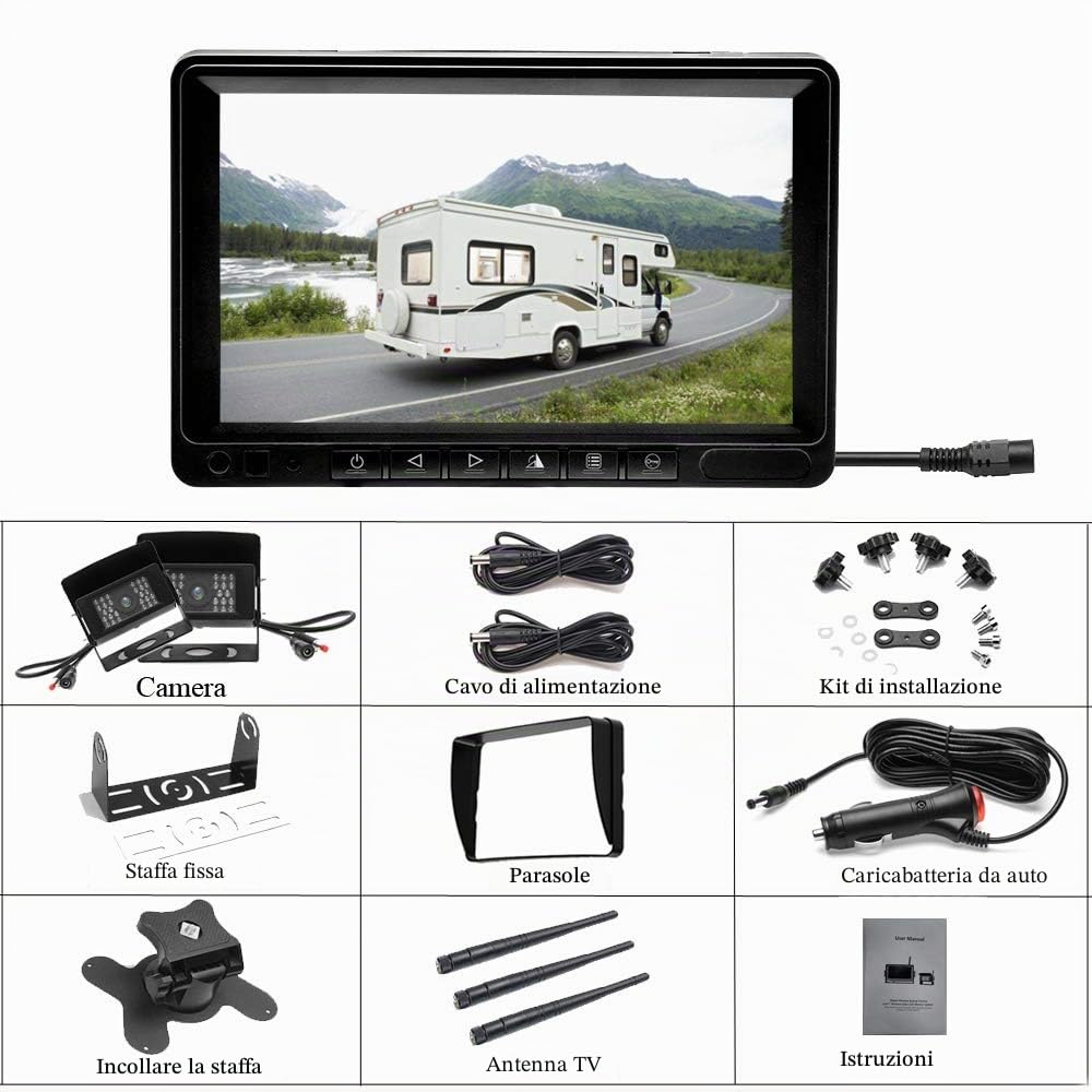 Telecamera Posteriore Wireless Digitale con 7 Pollici Monitor HD LCD, Impermeabile IP69, Visione Notturna, 2x Senza Fili Retrocamera, 12V-36V per camion/rimorchio/camper/barca/semirimorchio/bus