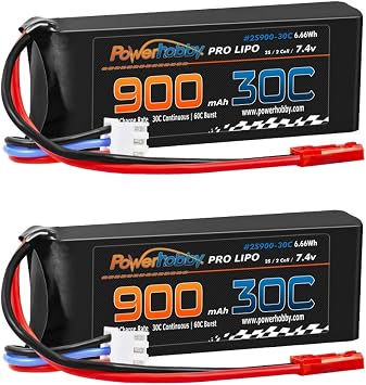 PowerHobby 2S 7.4V 900mAh 30C Lipo Battery w JST Connector 2 Pack