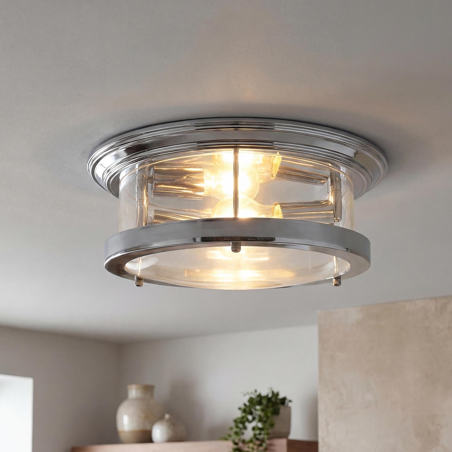 Licht-Erlebnisse Deckenleuchte Badezimmer IP44 Ø 35 cm H: 14,5 cm flach in Chrom 2x E27 Glas Metall Deckenlampe Badezimmerleuchte