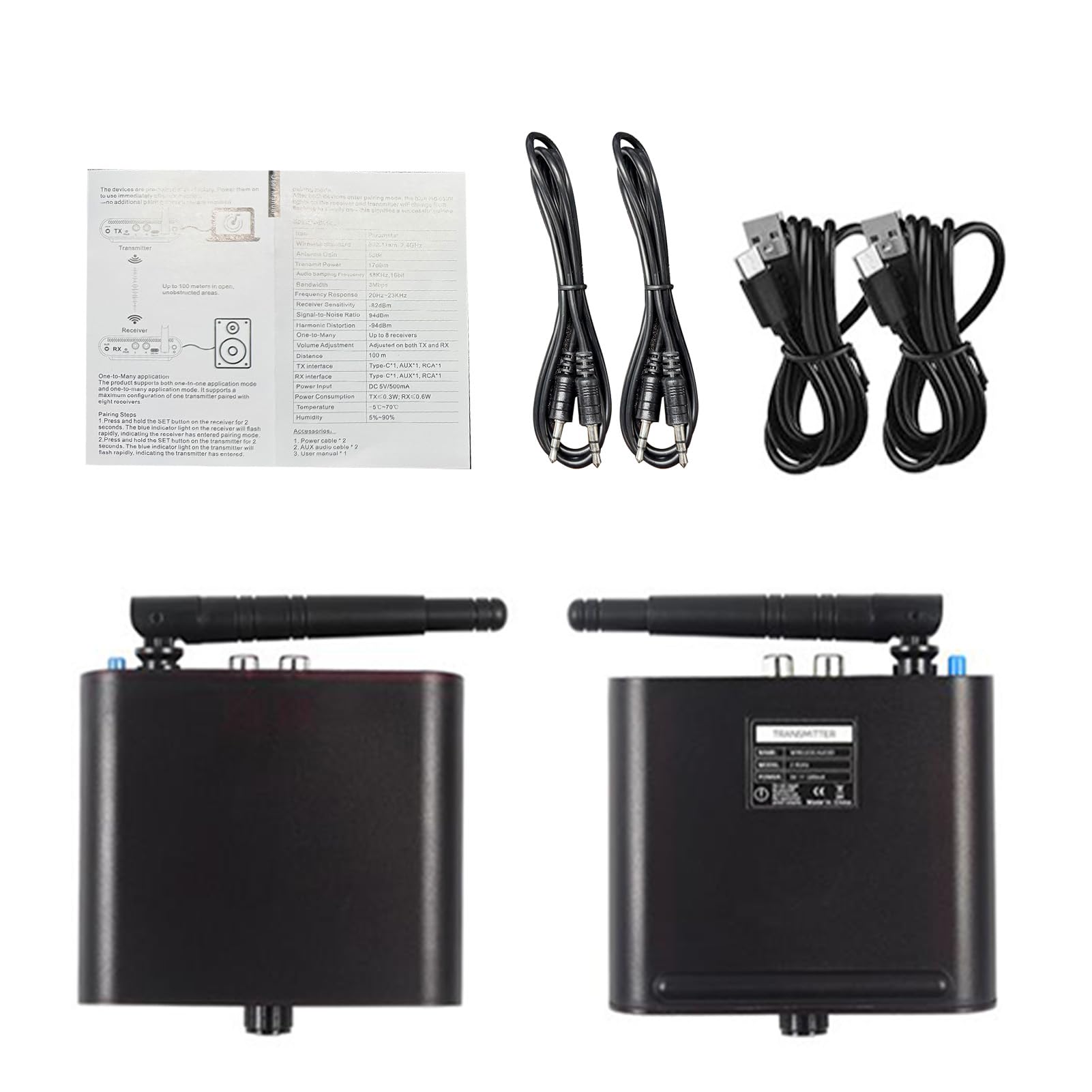 Trasmettitore Wireless, Stereo Hi-Fi a 24 Bit/192 KHz, Trasmettitore a Bassa Latenza <15 Ms con Portata di 100 M, Ideale per l'home Theater e il Suono da Studio