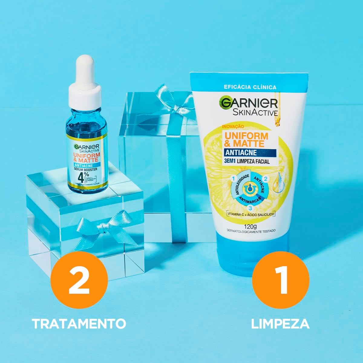 Garnier Uniform & Matte, Sabonete Facial 3 em 1 Antiacne, Tratamento com Ácido Salicílico e Vitamina C para Pele Oleosa, Ação Antioleosidade e Antimarcas, 120g