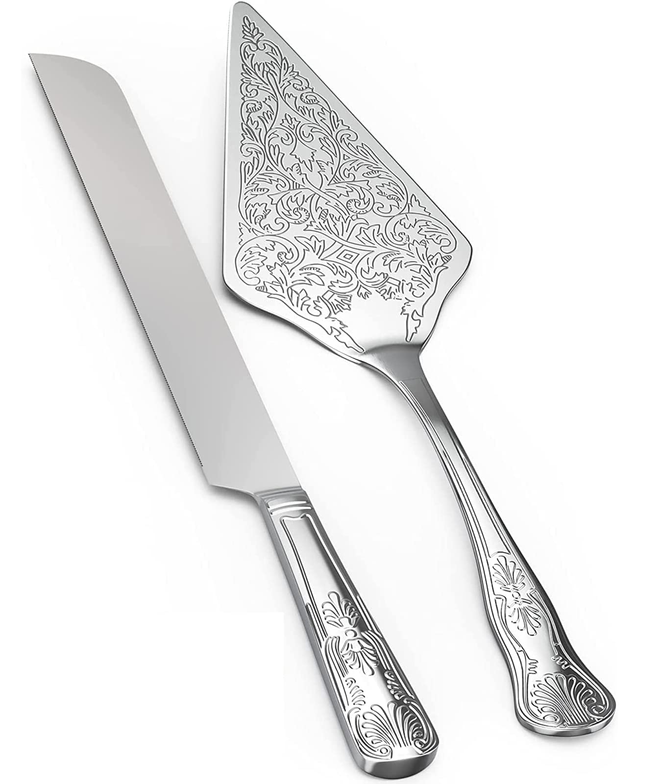 NALACAL Set of 2 Rustic Wedding Cake Knife and Serving Set for Parties, Birthdays, Anniversaries (Silver)