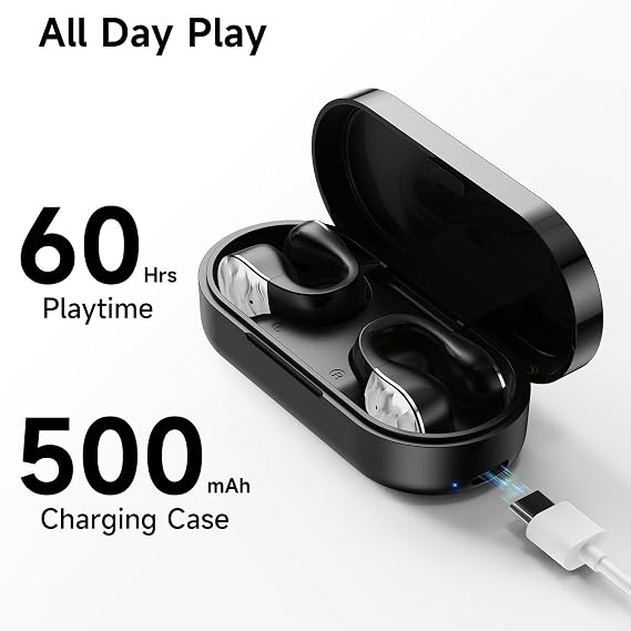 aigo Open Ear Earbuds, Wireless Bluetooth Earphone, Clip on Headphones, Over The Ear Earbuds for Fitness Running Gym Workouts, Built-in Mic, Wireless Charging, Black Headset