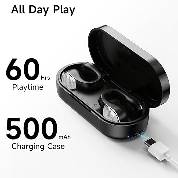 aigo Open Ear Earbuds, Wireless Bluetooth Earphone, Clip on Headphones, Over The Ear Earbuds for Fitness Running Gym Workouts, Built-in Mic, Wireless Charging, Black Headset