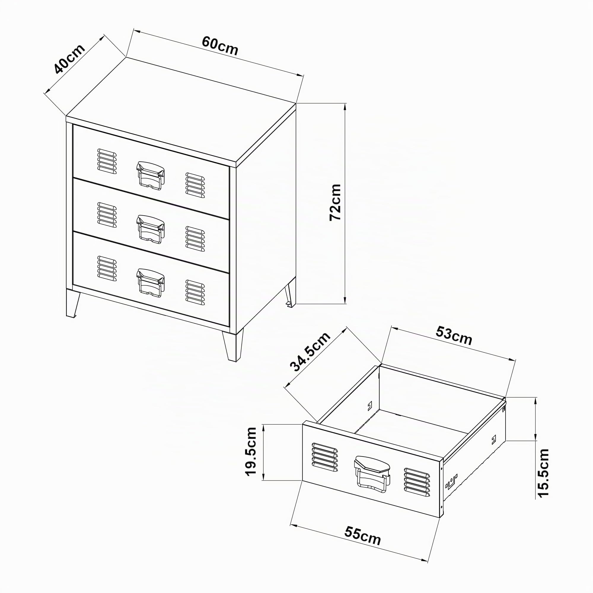[en.casa] Cassettiera in Acciaio Comò con 3 Cassetti Organizzatore da Ufficio Soggiorno Mobile Contenitore per Archivio 72 x 60 x 40 cm - Nero