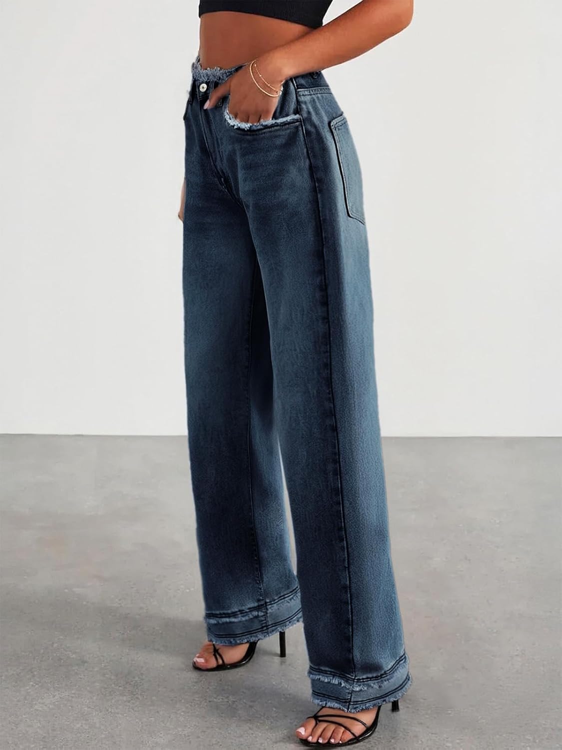 Women's Wide Leg Jeans Stretchy High Waisted Baggy Jeans 2026 Trendy Loose Fit Frayed Raw Hem Denim Pants - Image 2