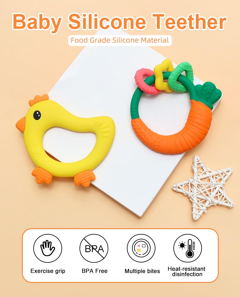 Baby Teether with Easy-Hold Handle, Silicone, BPA-Free, Soothe Sore Gums, Textured for Sensory Development, Teethable Surfaces - Baby Teething Toy for 3 Months & Up (Carrot and Chicken)