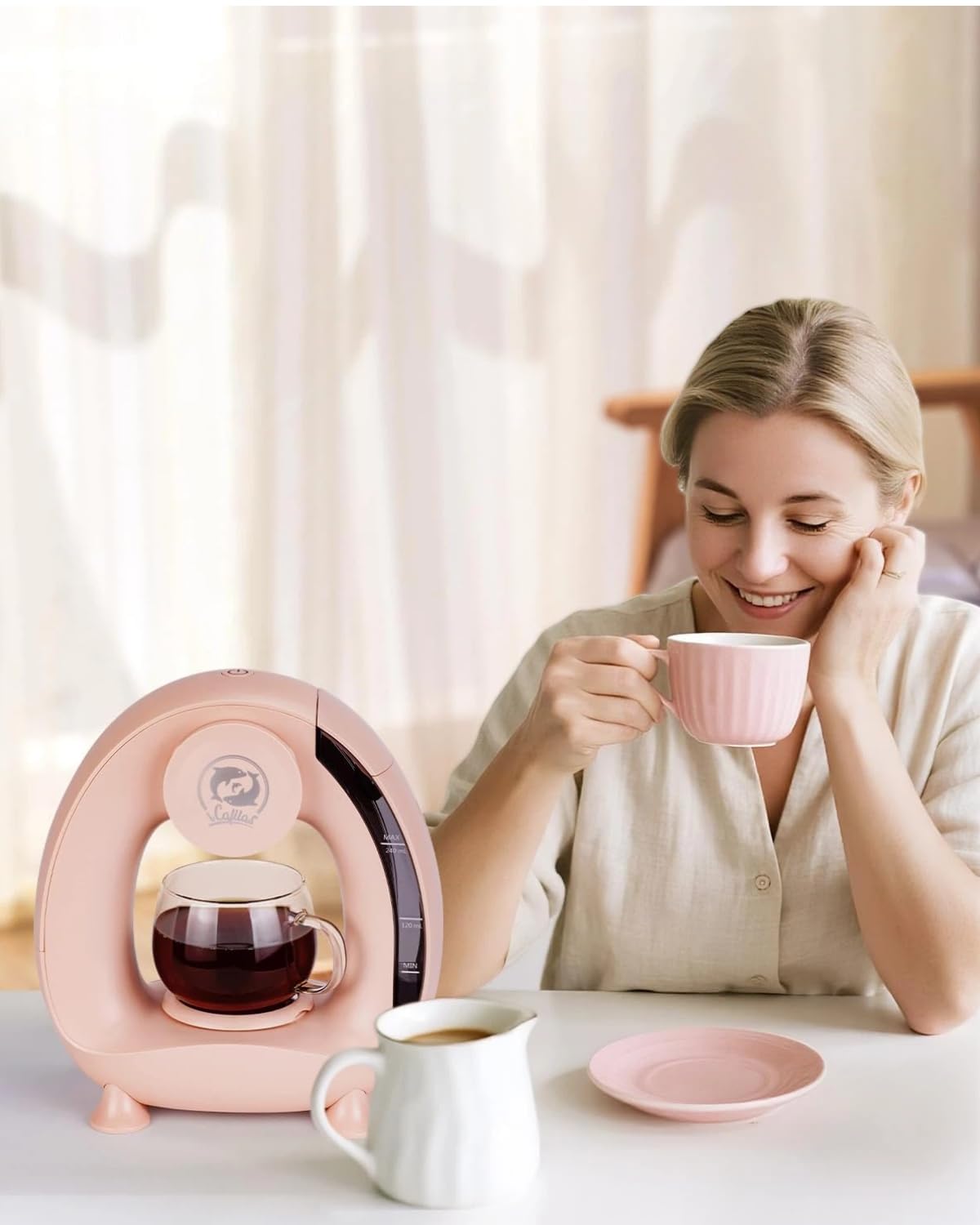 i Cafilas Coffee Maker per caffè macinato, Mini Q Americano 2-in-1 Coffee Brewer,mini One Cup Coffee Brewer/Tea Maker con filtro per caffè, Coffee Maker elettrico Mi ni, 120-240 ml, Rosa