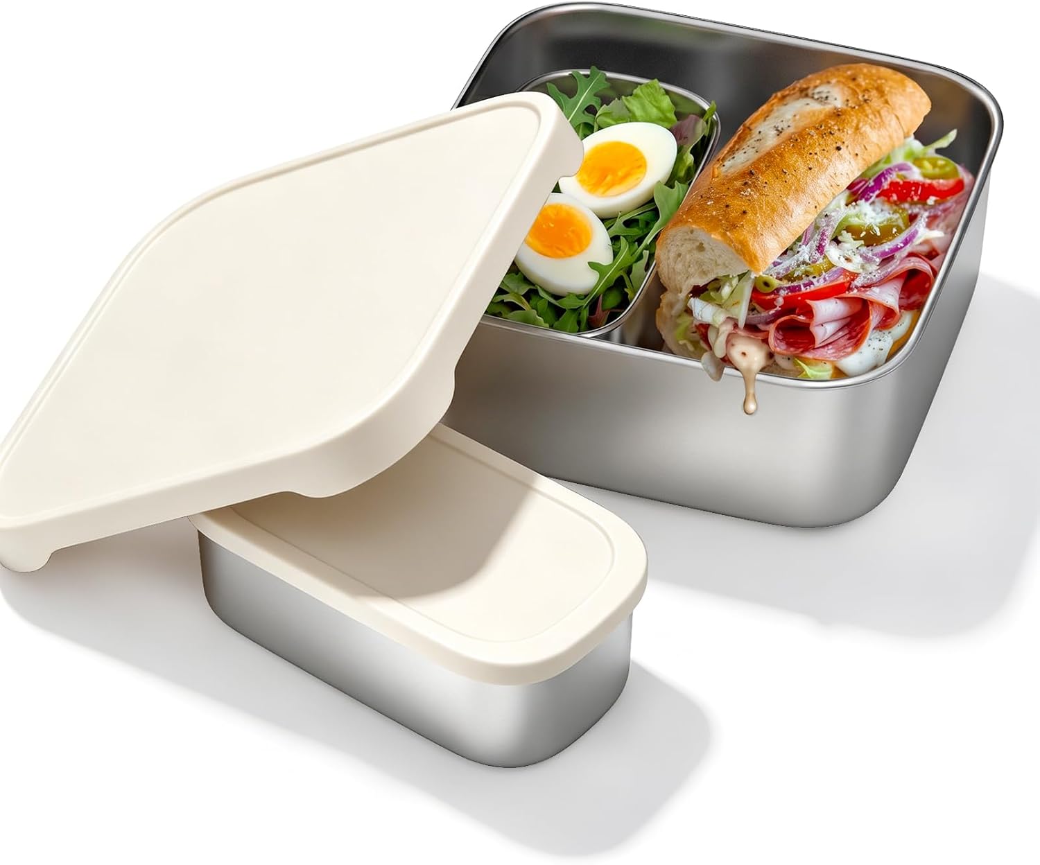 3-Piece Stainless Steel Lunch Box Set - Large Sandwich Container with 2 Snack Containers | Reusable Stainless Steel Food Containers with Lids for Meal Prep, Snacks & Travel (1*30.4oz+2*6.8oz, White)