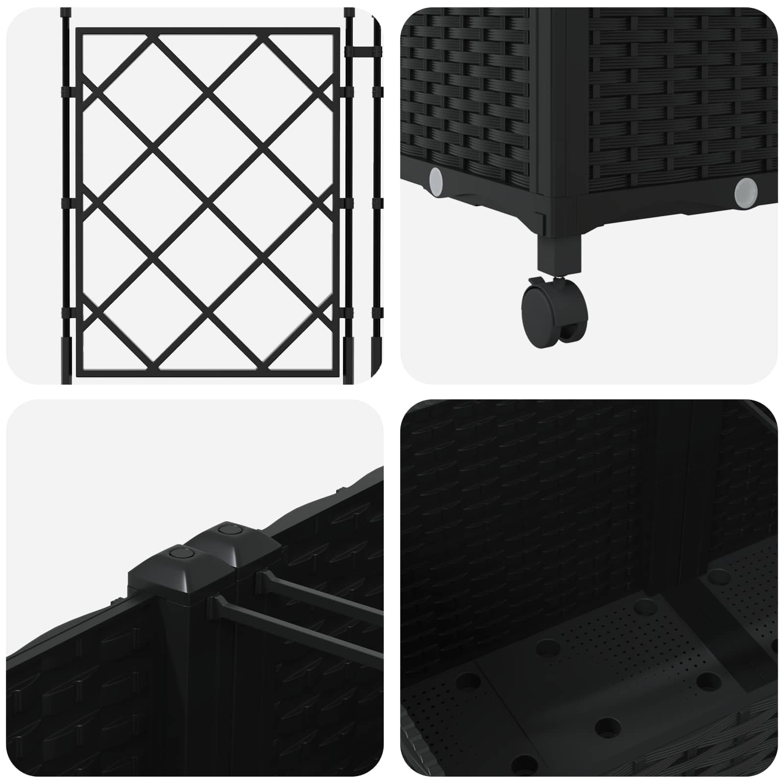 3er Set Pflanzkübel mit Spalier und Rollen, Hochbeet mit Rankgitter aus PP für Garten und Terrasse, Mobiler Blumenkasten Wetterbeständig, Schwarz, 120 x 40 x 149 cm