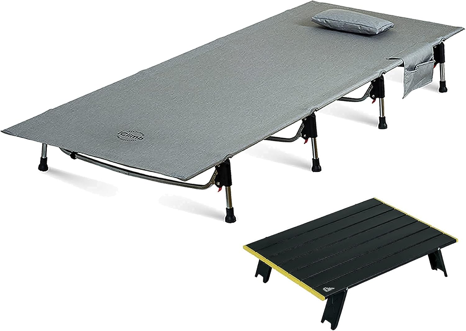 iClimb 1 Super Easy Assemble Cot and 1 Mini Folding Table Bundle, Ultralight Compact for Single Adult Outdoor Beach Camping Hiking Backpacking Concert Motorcycling