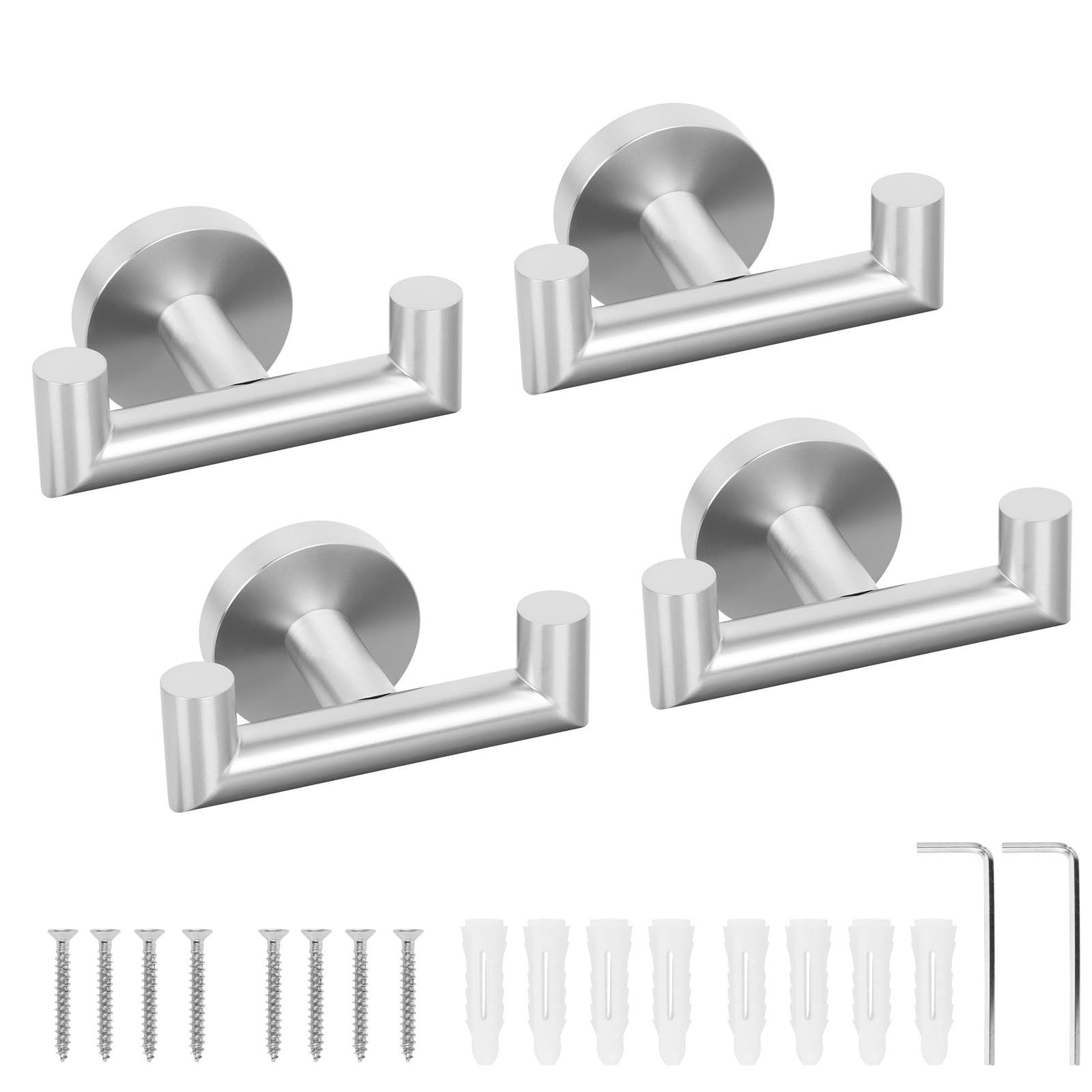 Hiyouer 4 Pcs Double Door Hooks, Bathroom Towel Hooks Screw in Heavy Duty 304 Stainless Steel Robe Coat Hook Wall Mounted for Bathroom, Bedroom, Kitchen, Brushed Silver