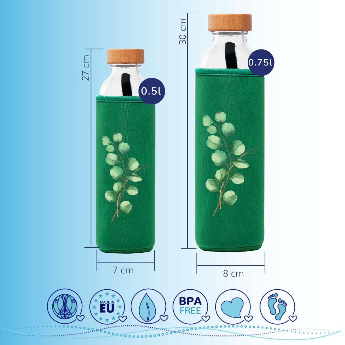 FLASKA | Bouteille d'eau en verre | 500 ml | Sans BPA | Couvercle à vis | Housse en néoprène | Idéal pour le sport, le bureau, le yoga | Structure de l'eau | Evergreen