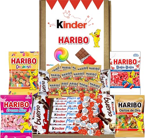 Lote Chocolates Kinder y Gominolas Haribo Regalo Cumpleaños. La Caja Contiene Chocolates, 4 Bolsas de Chuches Haribo de Cumpleaños + Bolsitas Minis. Kinder Bueno, Barritas de Chocolate y Schokobons.