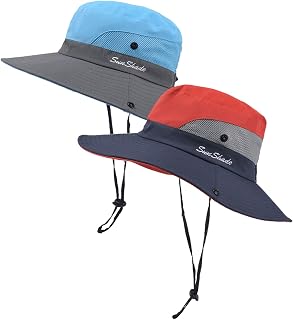 2 Pieces Women's Outdoor Sun Hat UV Protection Foldable Mesh Wide Brim Beach Summer Fishing Ponytail Cap(Blue+red)
