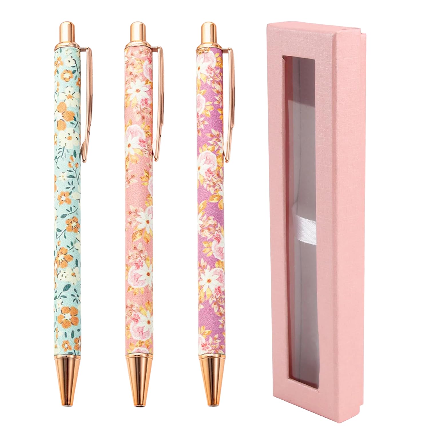 3 Pcs Floral Art Ballpoint Pens, Metal Flower Fancy Pen Set including Gift Box