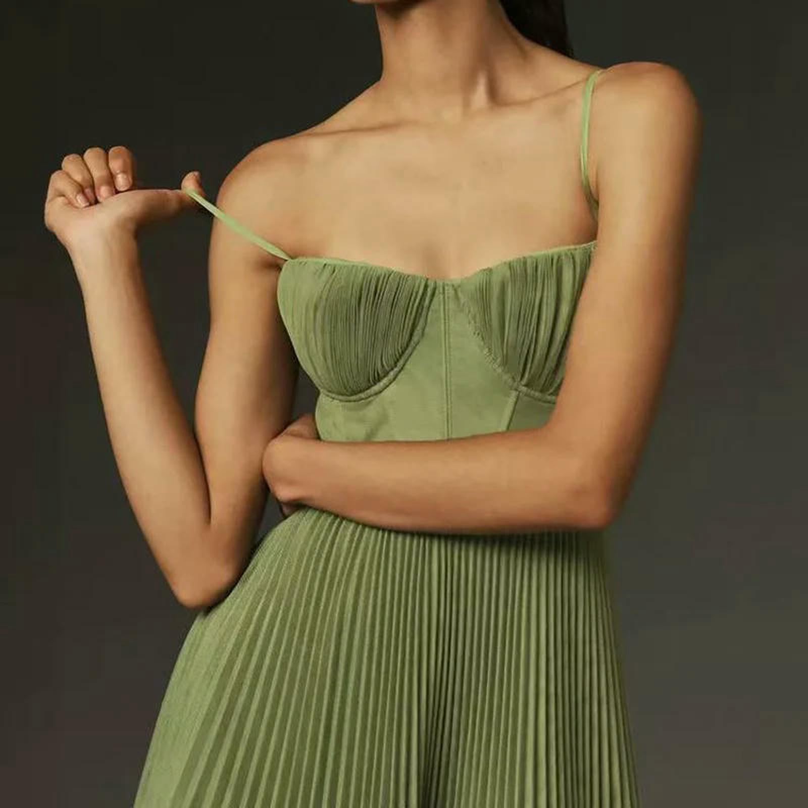 Kobiety Sukienki Gorset Damski Elegancki Spaghetti Strap Bustier Midi Dress Low Cut Flowy Pleated Hem Formal Dresses With