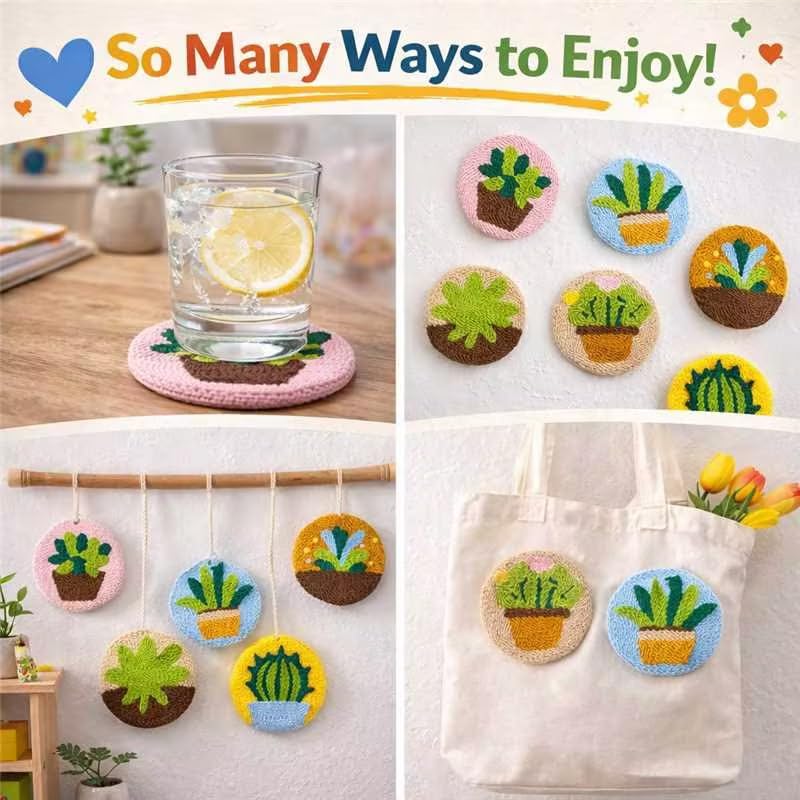 Image of Punch Needle Coaster Kit for Adults Beginners, Easy Punch Embroidery Starter Set with Instructions - Fun Mug Rug Making Kit for Table Decor & Festival DIY Gifts (6pcs Succulent Plants)