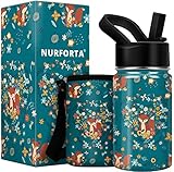 Kids Water Bottle for School, 14oz Boys Girls Insulated Water Bottle with Strap Sleeve, Foxes Bush...