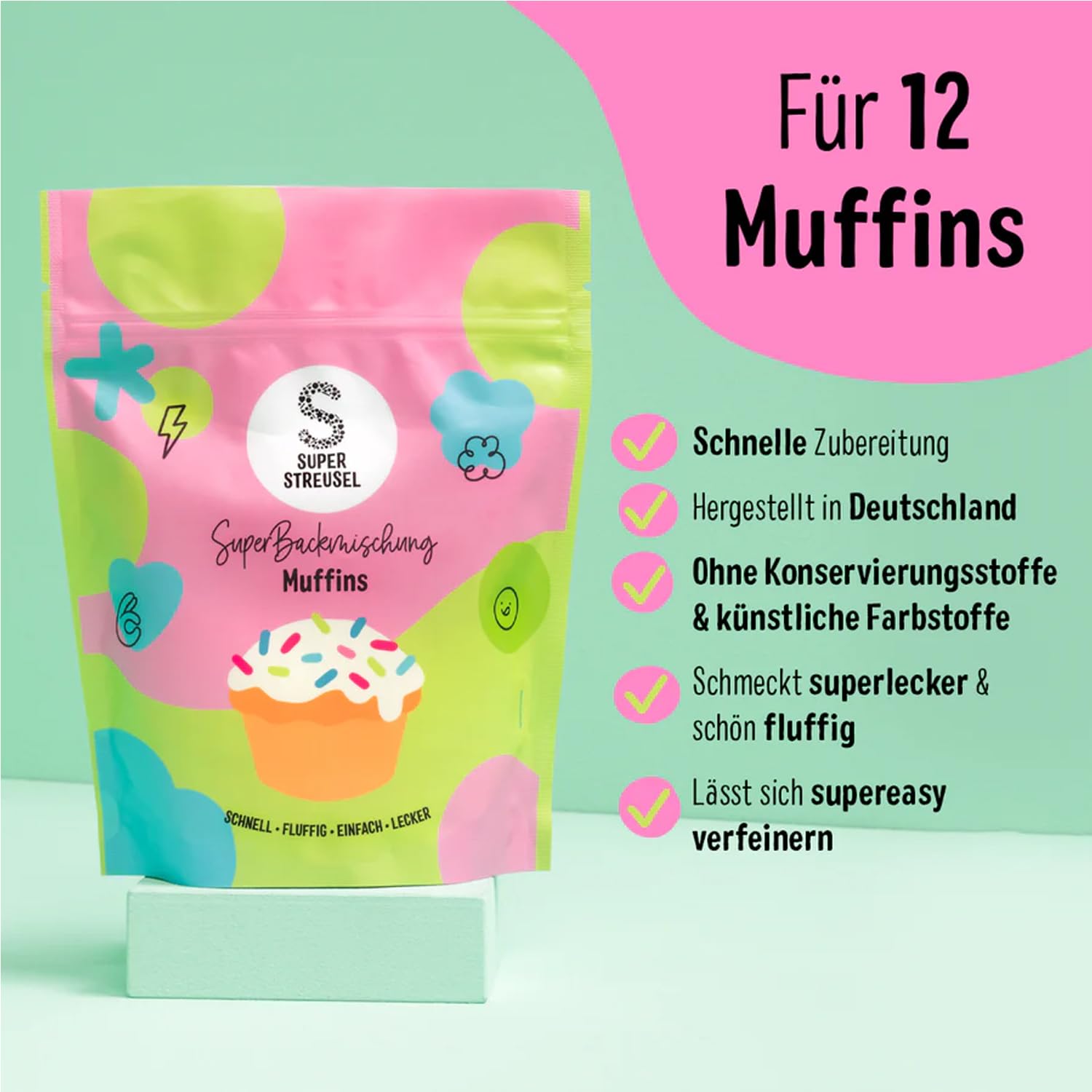 Super Streusel Einhorn Muffin Backset – Muffin Backmischung + SuperDrip Rosa 300 g + EinhornParty Streusel 90 g