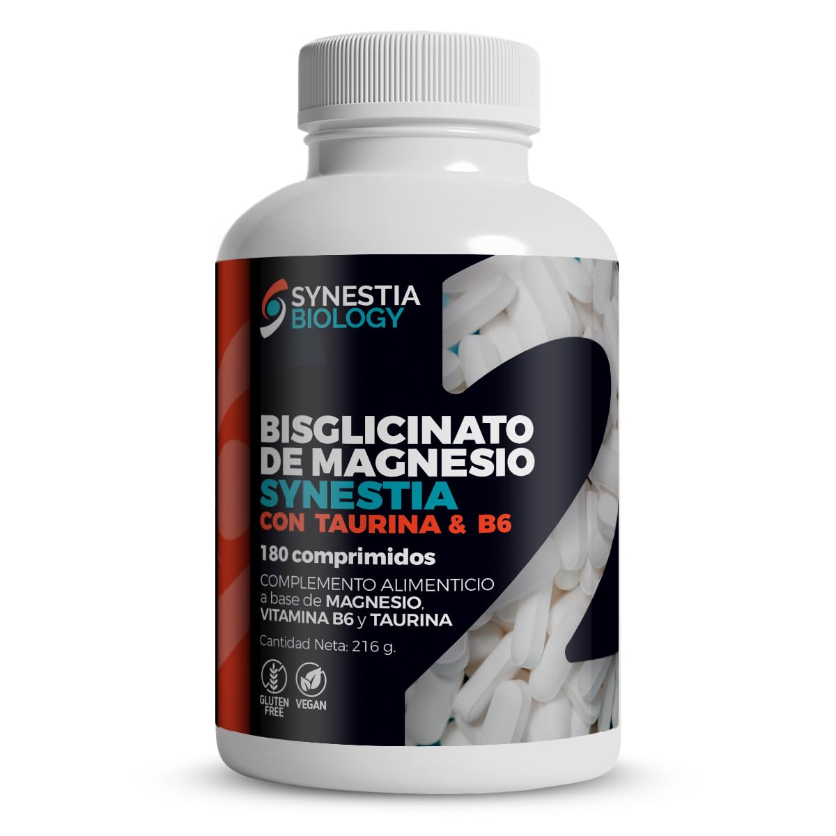 Bisglicinato de Magnesio con Taurina y Vitamina B6 Synestia Biology, 180 Comprimidos, Vegano, Sin Gluten
