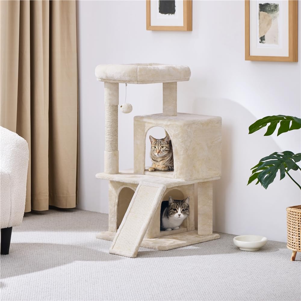 Tiragraffi per Gatti Altezza 92cm Albero con Trespolo Grande,Pompon,Casetta,Scala,Graffiatoi Gioco per Gatti Interni Grigio chiaro
