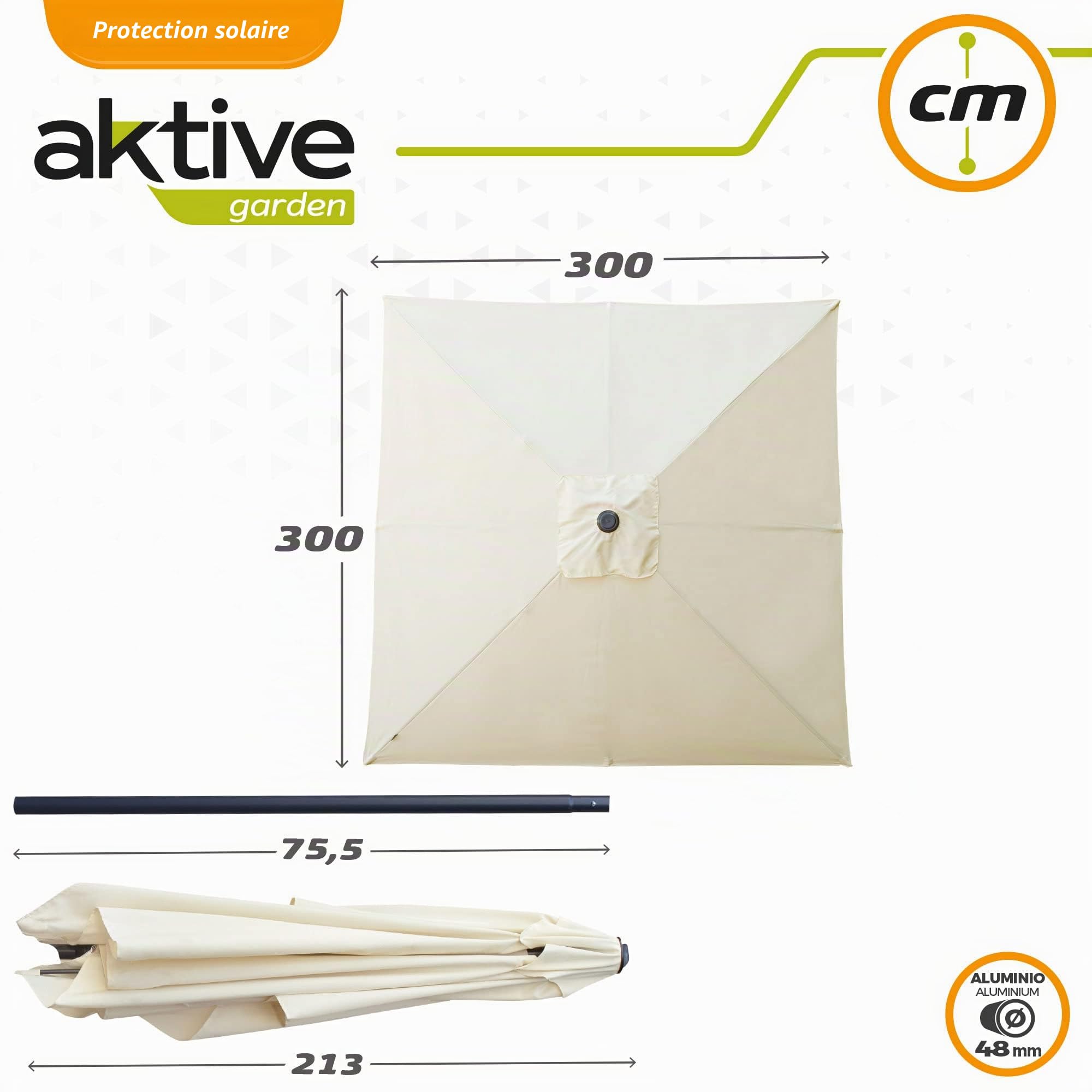 AKTIVE 61126 - Parasol de Jardin et de Terrasse Carré 3X3M, Structure en Aluminium, Facile à Plier et à Installer, Hauteur 2,7M, Protection UV50, Parasols de Terrasse, Parasols de Jardin