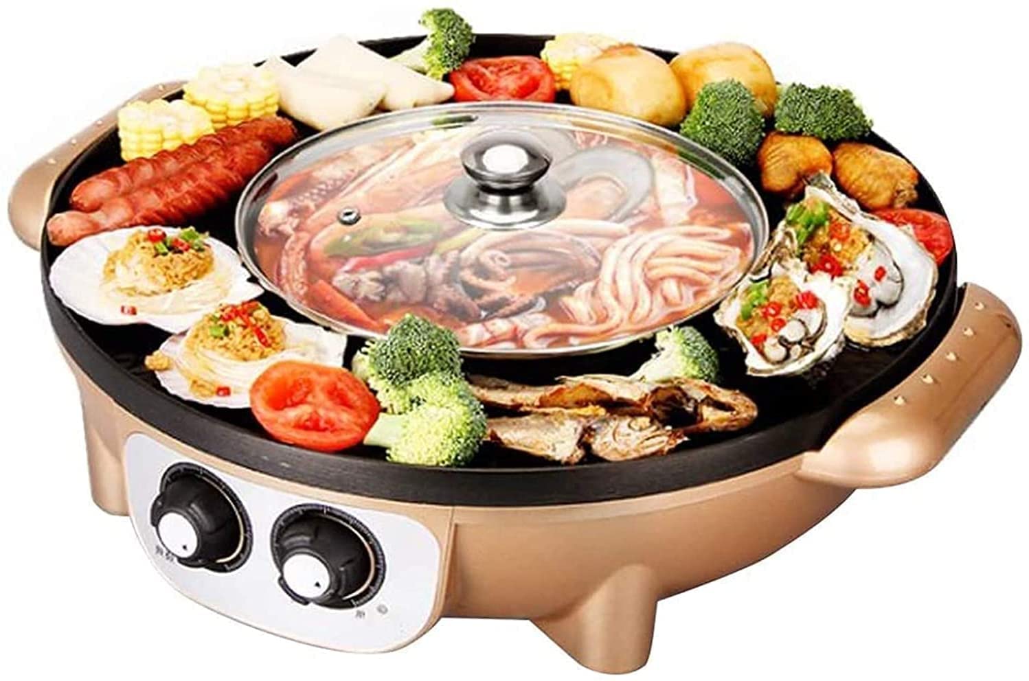 Parrilla de Asar Grill de Asar Plancha de Asar Olla Caliente eléctrica Barbacoa eléctrica Sartén eléctrica para Hornear Parrilla de Mesa y Fondue Olla integrada Antiadherente y sin Humo