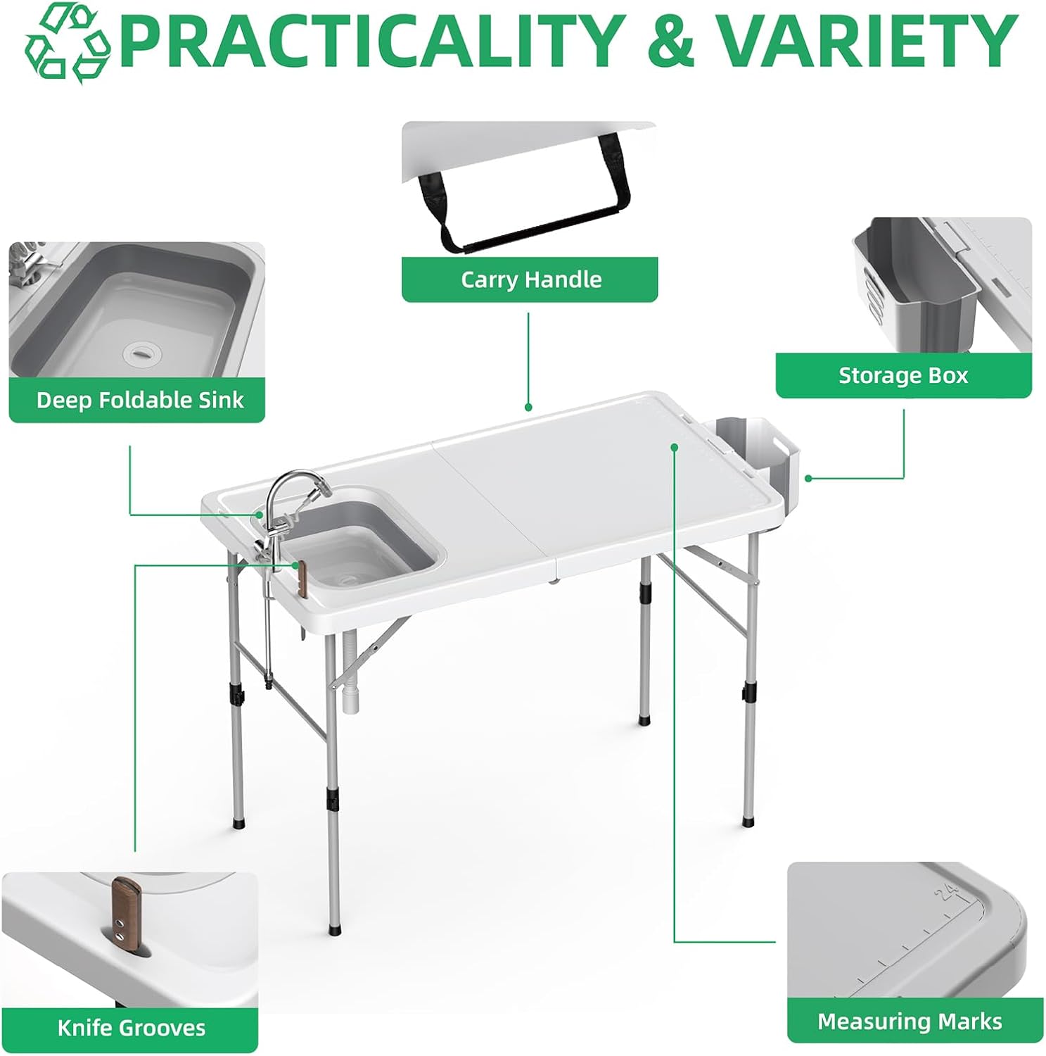 Folding Fish Cleaning Table,Folding Camping Kitchen Table with Sink & Sprayer,Collapsible wash Basin,Outdoor Sink Station with Hose, Camping Sink