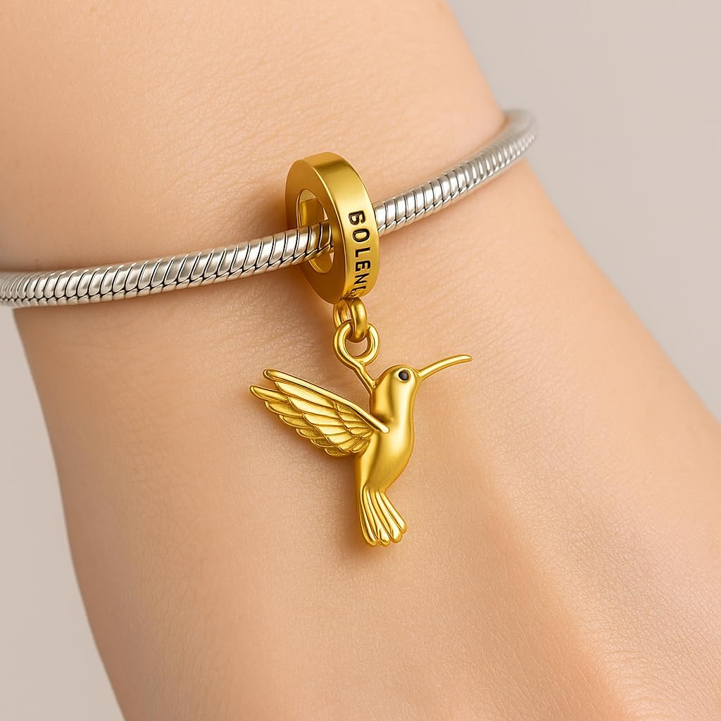 Gold Hummingbird Pendant Charm, 925 Sterling Silver with 14K Gold Plating, Compatible with Pandora & Similar Charm Bead Bracelets, Necklaces & DIY Jewelry, Sterling Silver Charms for Jewelry Making